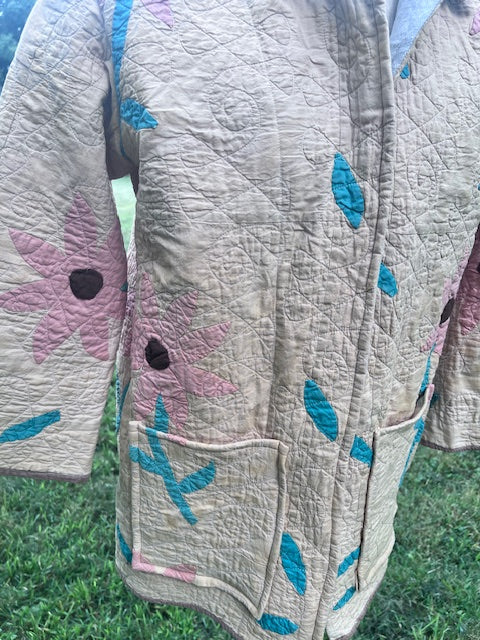One of a Kind Stunning Pink Daisy Chore Coat, Quilt Jacket
