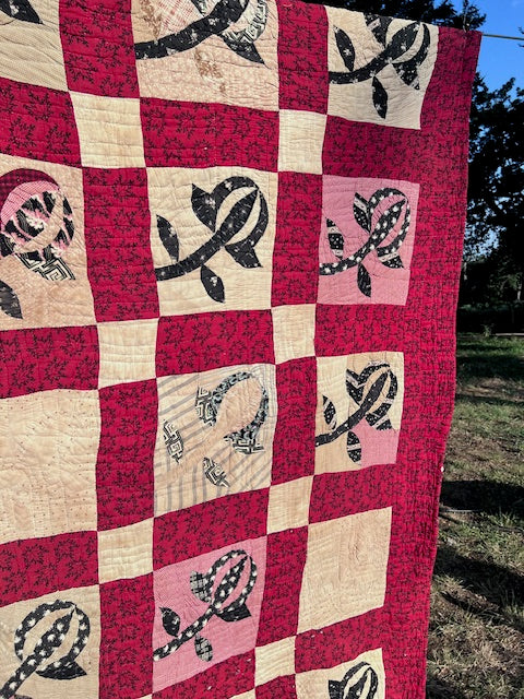 Breathtaking Red Rosebud Vintage Quilt, Hand quilted & stitched