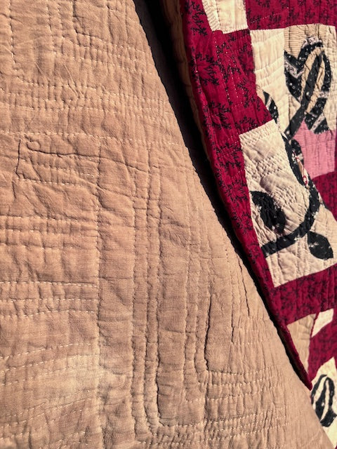 Breathtaking Red Rosebud Vintage Quilt, Hand quilted & stitched