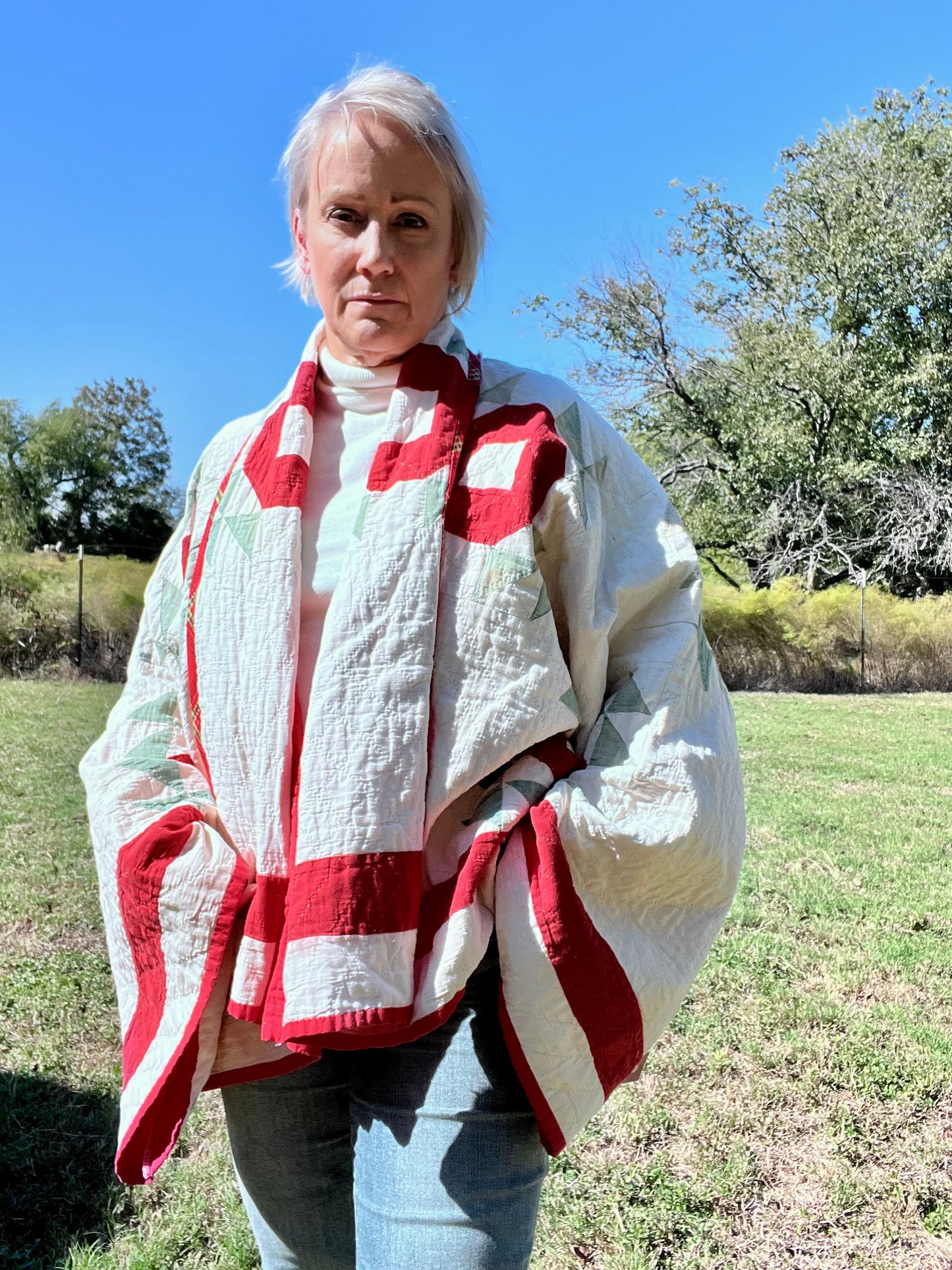 Antique Crown of Thorns or Flock of Geese Red, White Quilt Jacket Quilt Coat