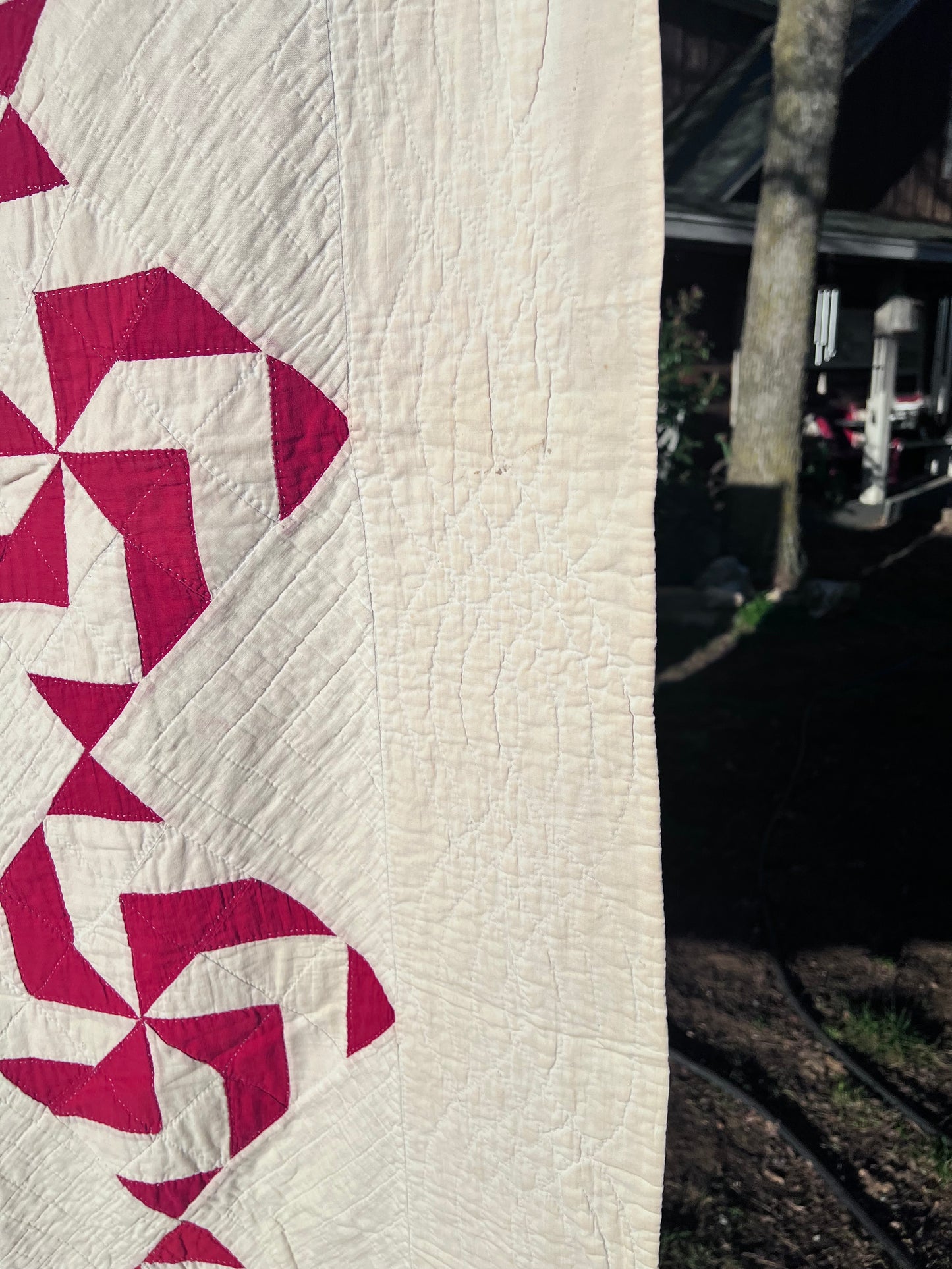 Classic Antique Red & White Pinwheel Quilt with Intricate Tiny Hand Quilting