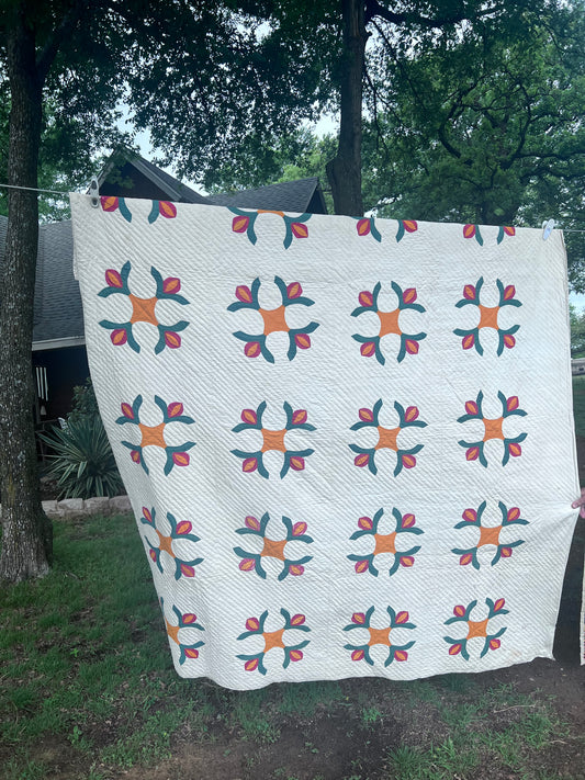 Elegant, minimalist design is a variation of the California Rose or Fuchsia Vintage Quilt Cirica late 1800s