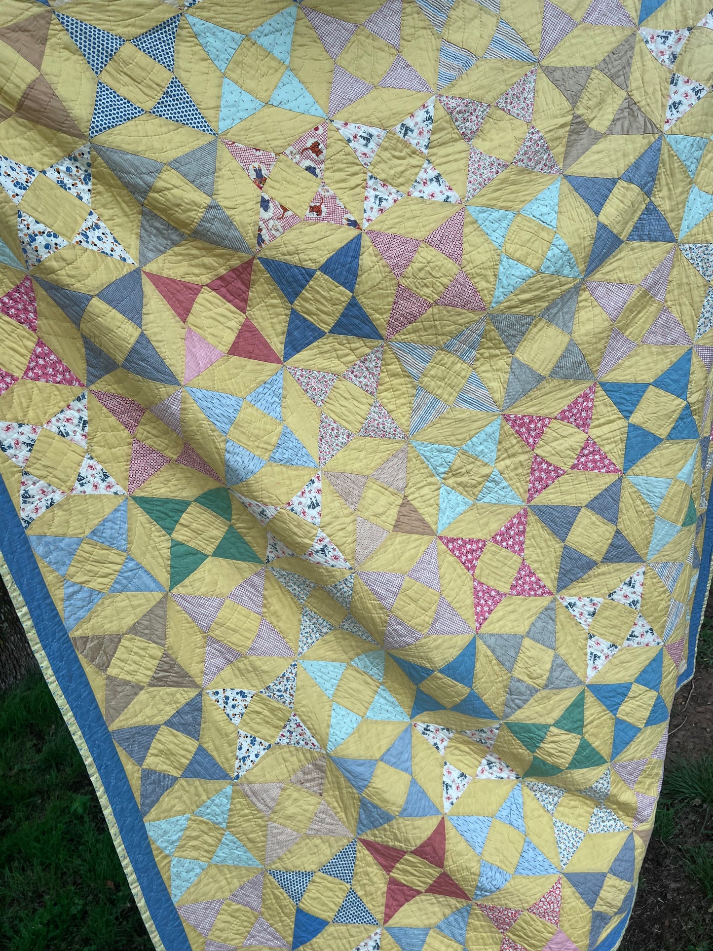 A variation of a Kaleidoscope or Star Puzzle Antique quilt in the most glorious pastels.