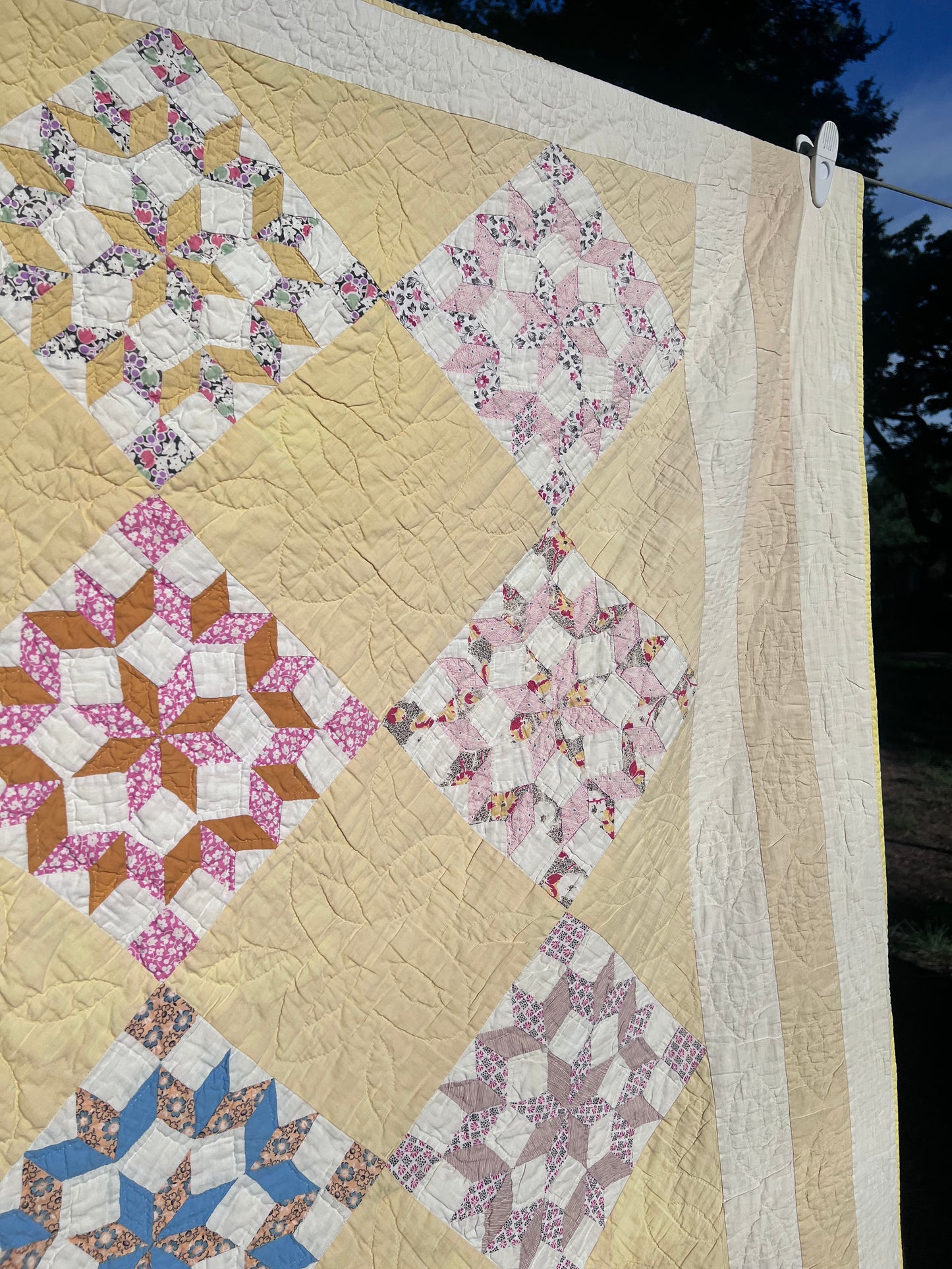 Pristine Compass Star Antique Quilt from Idaho with Butter Yellow and Intricate Hand Quilting