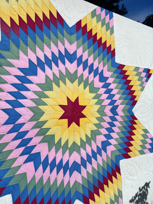 Dynamic Rainbow Colors Vintage Lone Star Quilt with Geometric Precision