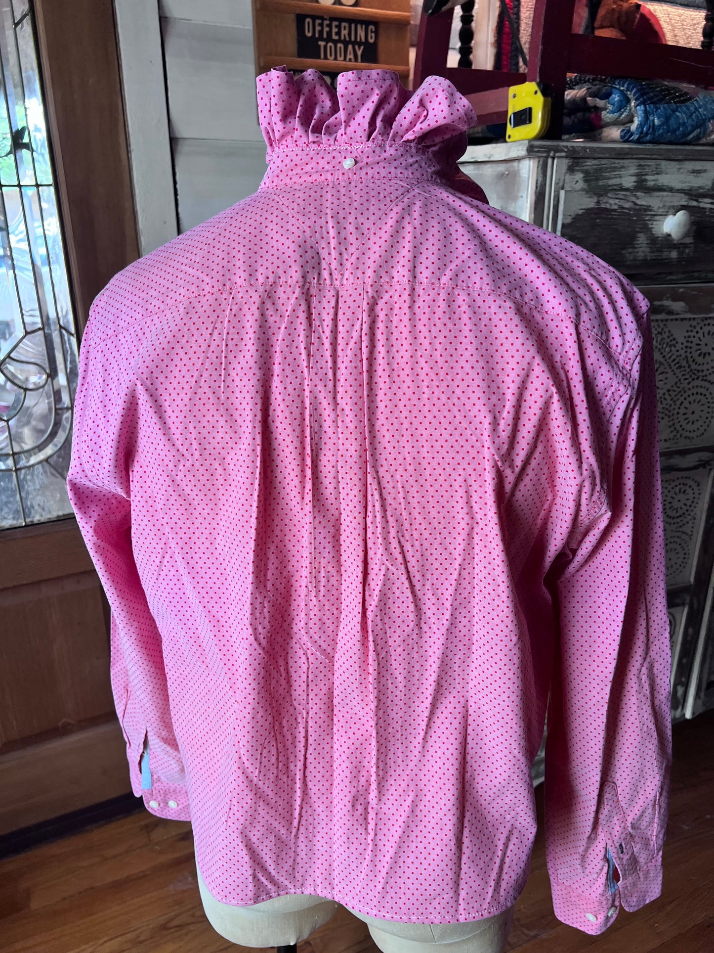 Upcycled Men's Shirt Made for Feminine Style and One of a Kind Sophistication - Pink polka dots
