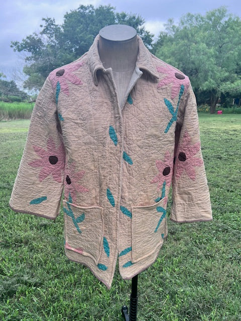 One of a Kind Stunning Pink Daisy Chore Coat, Quilt Jacket
