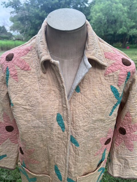 One of a Kind Stunning Pink Daisy Chore Coat, Quilt Jacket