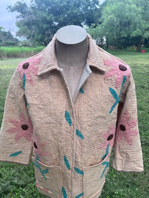 One of a Kind Stunning Pink Daisy Chore Coat, Quilt Jacket