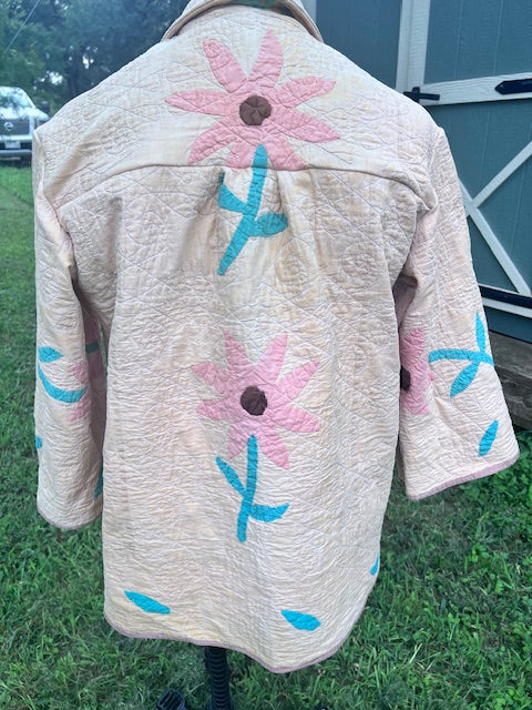 One of a Kind Stunning Pink Daisy Chore Coat, Quilt Jacket