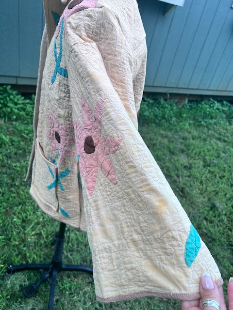 One of a Kind Stunning Pink Daisy Chore Coat, Quilt Jacket