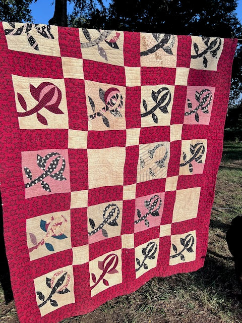 Breathtaking Red Rosebud Vintage Quilt, Hand quilted & stitched