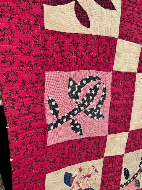Breathtaking Red Rosebud Vintage Quilt, Hand quilted & stitched