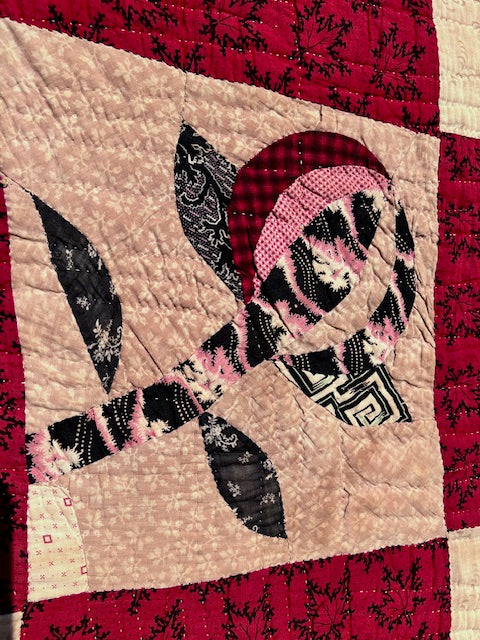 Breathtaking Red Rosebud Vintage Quilt, Hand quilted & stitched