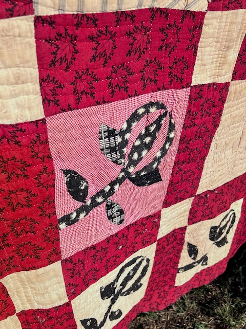 Breathtaking Red Rosebud Vintage Quilt, Hand quilted & stitched