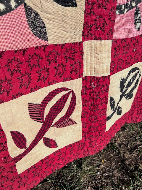 Breathtaking Red Rosebud Vintage Quilt, Hand quilted & stitched
