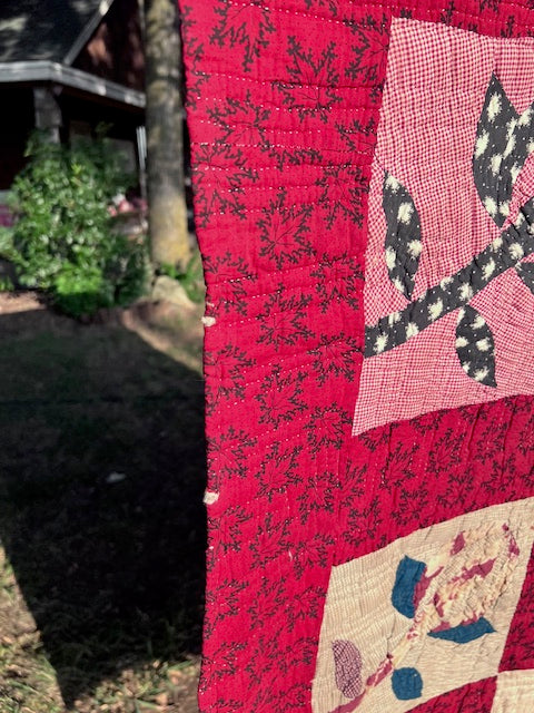 Breathtaking Red Rosebud Vintage Quilt, Hand quilted & stitched