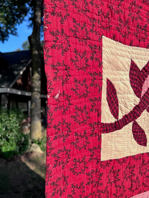 Breathtaking Red Rosebud Vintage Quilt, Hand quilted & stitched