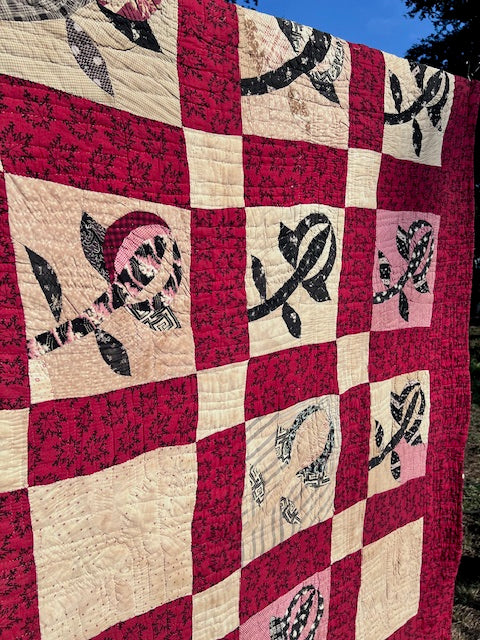 Breathtaking Red Rosebud Vintage Quilt, Hand quilted & stitched