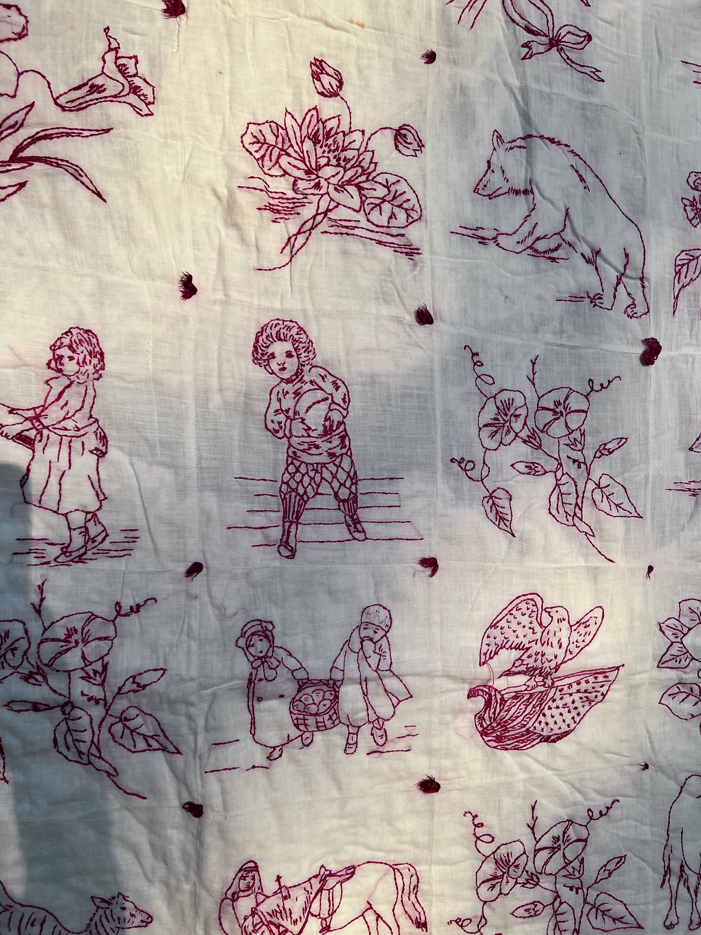 Intricate Embroidered Red Work Vintage Quilt on White Muslim - Such Detail & Talent!