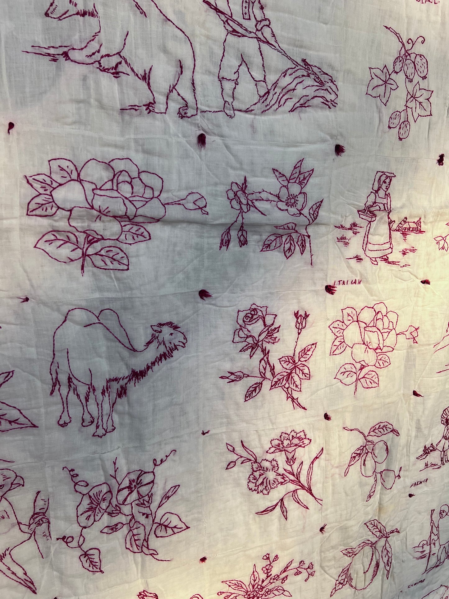 Intricate Embroidered Red Work Vintage Quilt on White Muslim - Such Detail & Talent!
