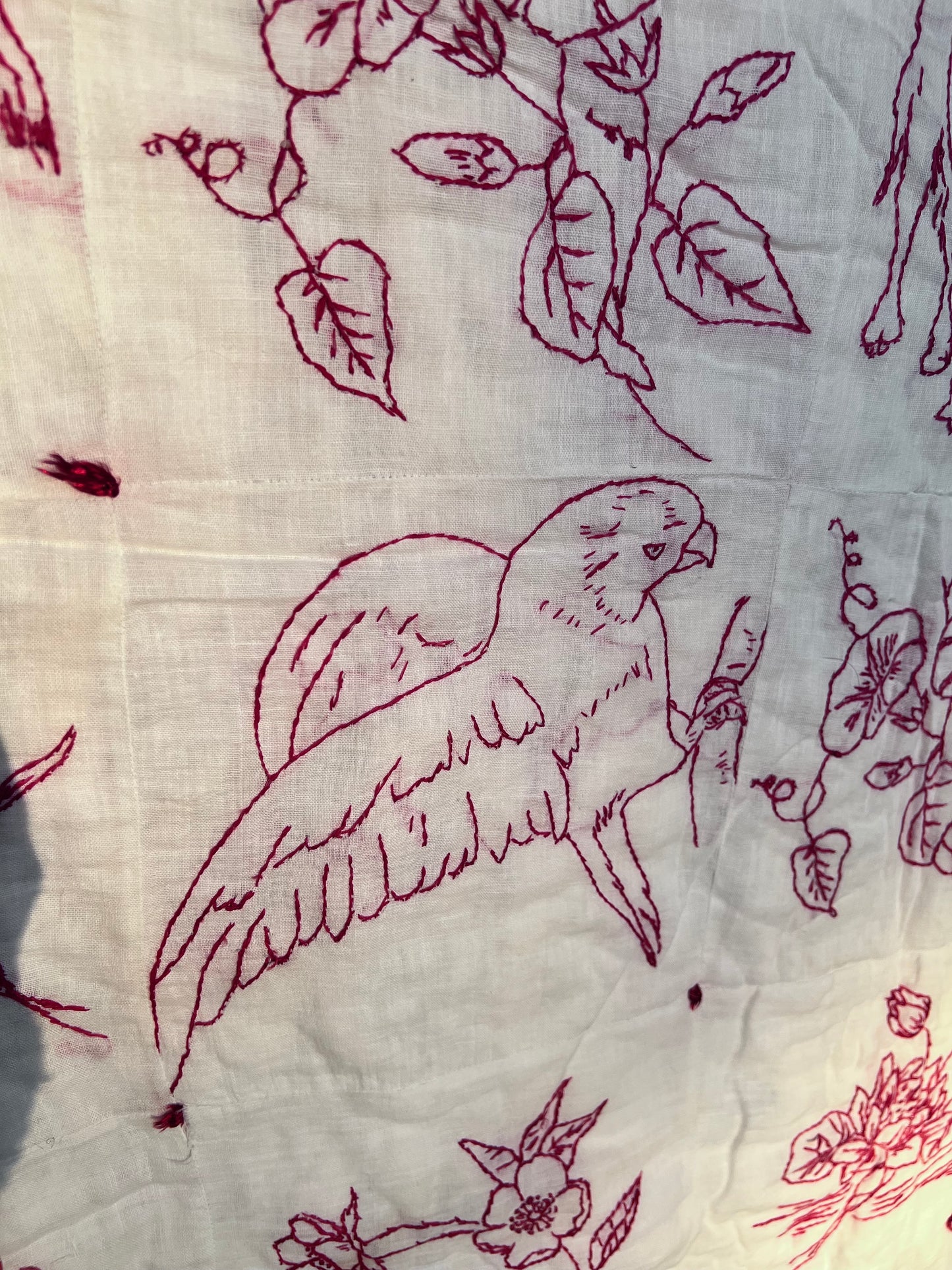 Intricate Embroidered Red Work Vintage Quilt on White Muslim - Such Detail & Talent!