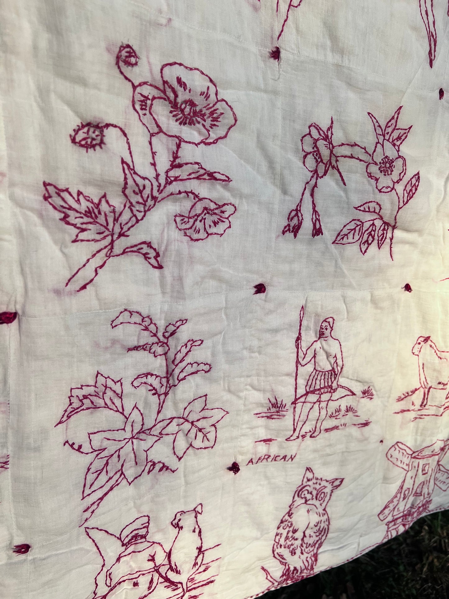 Intricate Embroidered Red Work Vintage Quilt on White Muslim - Such Detail & Talent!