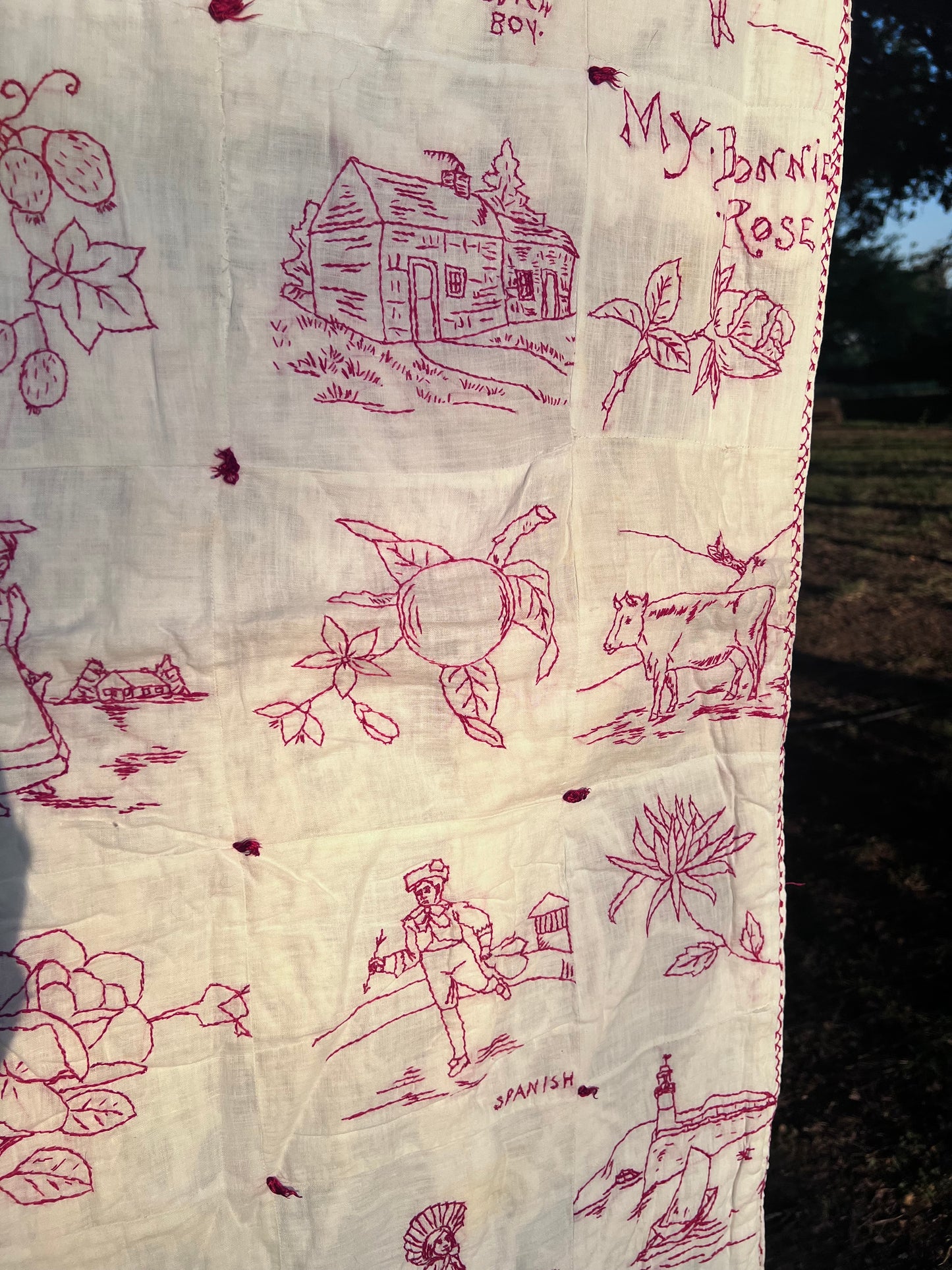 Intricate Embroidered Red Work Vintage Quilt on White Muslim - Such Detail & Talent!