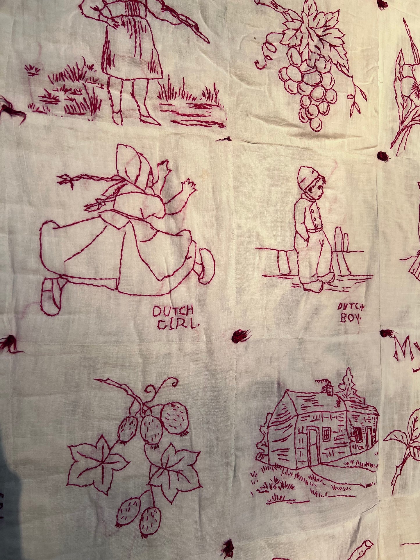 Intricate Embroidered Red Work Vintage Quilt on White Muslim - Such Detail & Talent!