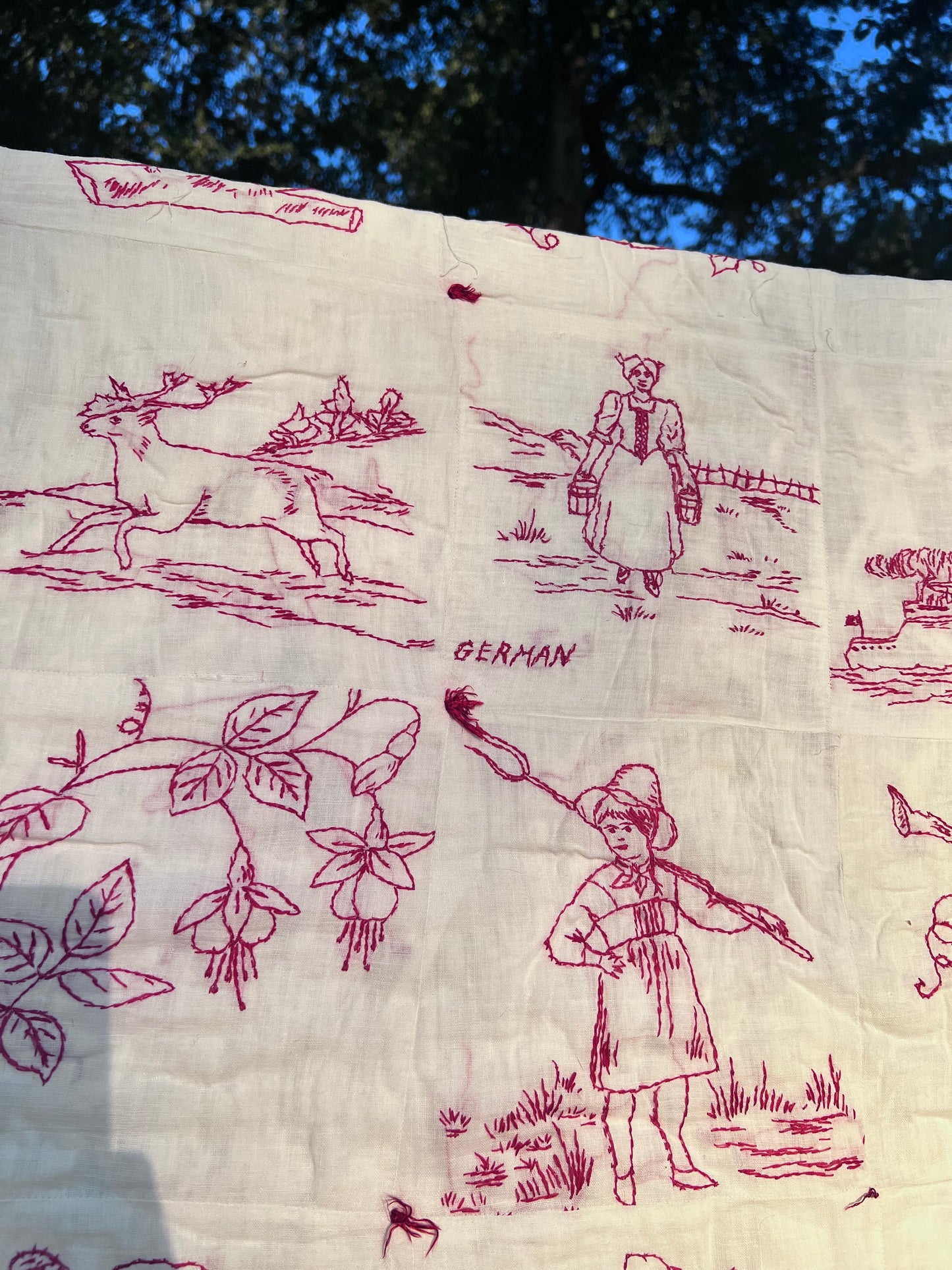Intricate Embroidered Red Work Vintage Quilt on White Muslim - Such Detail & Talent!