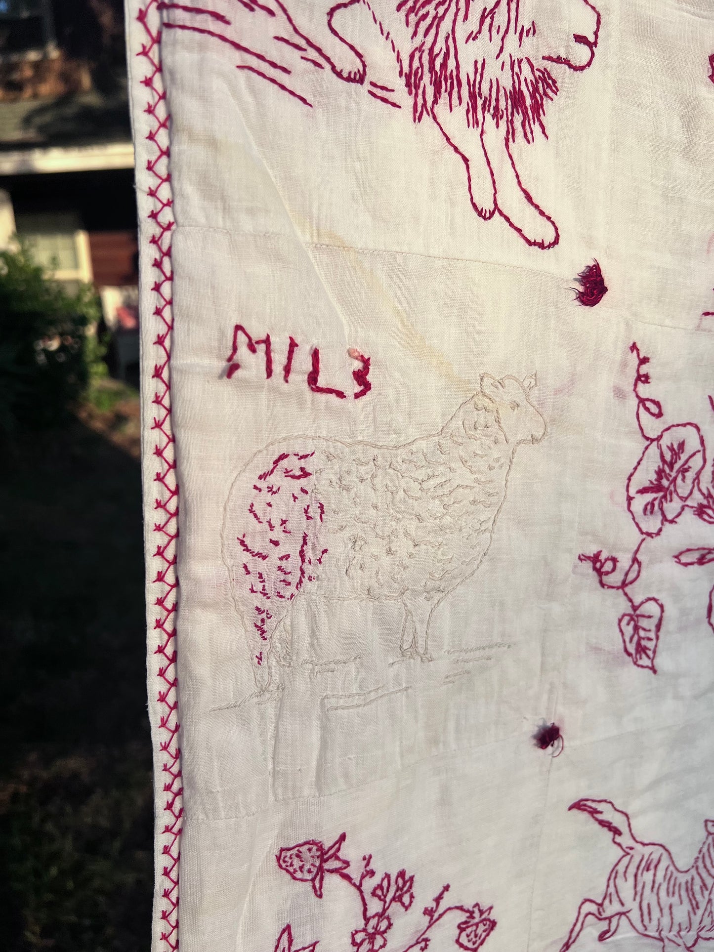 Intricate Embroidered Red Work Vintage Quilt on White Muslim - Such Detail & Talent!