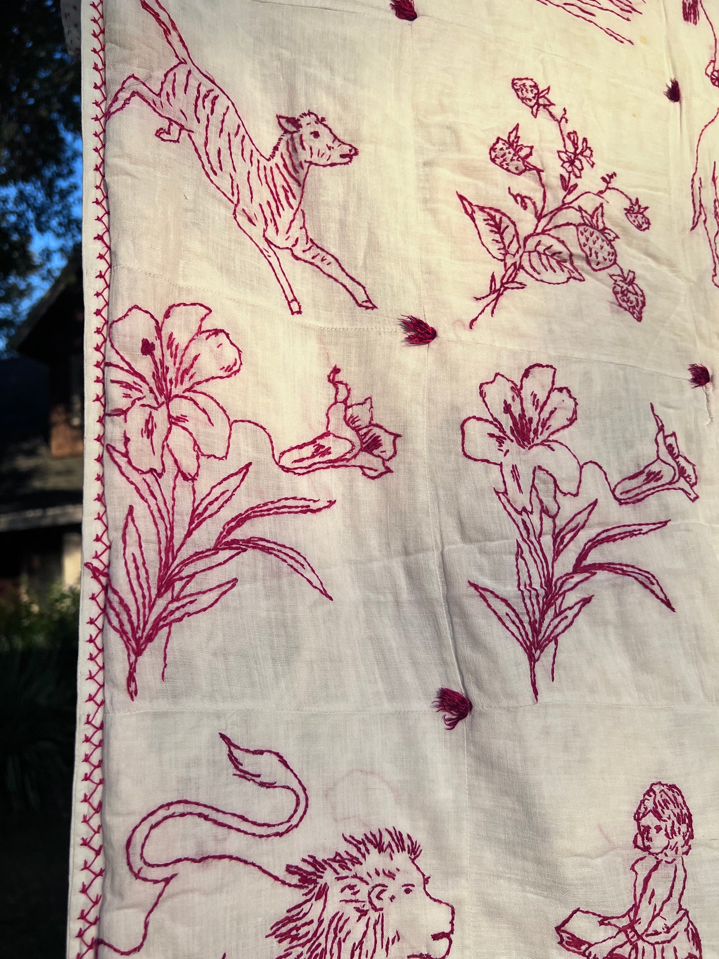 Intricate Embroidered Red Work Vintage Quilt on White Muslim - Such Detail & Talent!