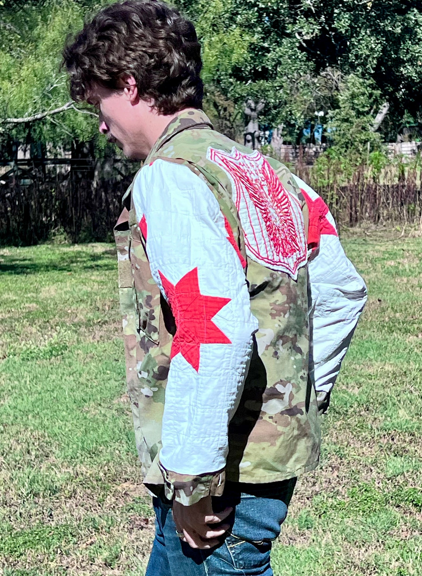 Repurposed with Respect, Military Camo Jacket with Quilt Upgrades - No Pockets