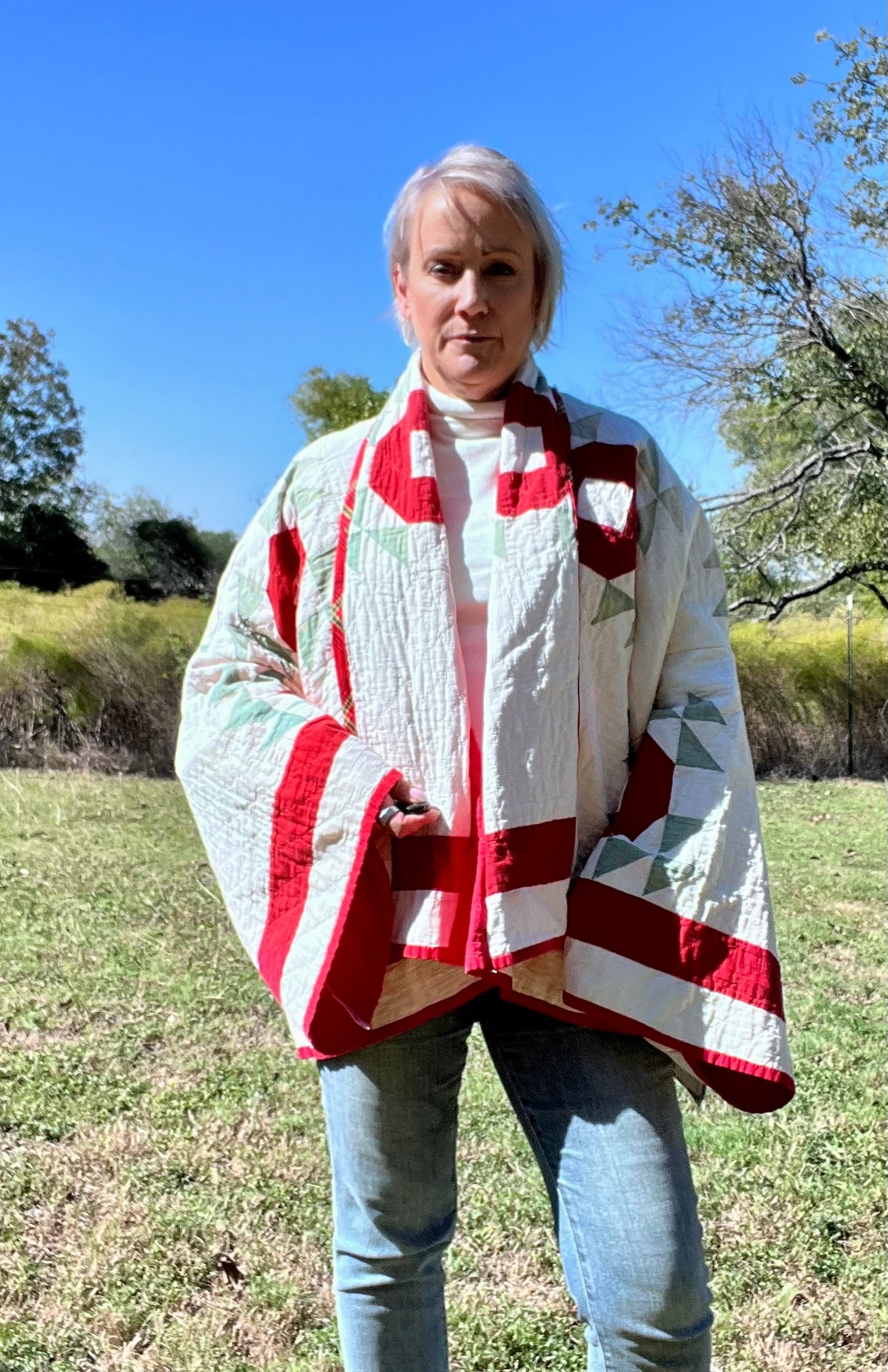Antique Crown of Thorns or Flock of Geese Red, White Quilt Jacket Quilt Coat