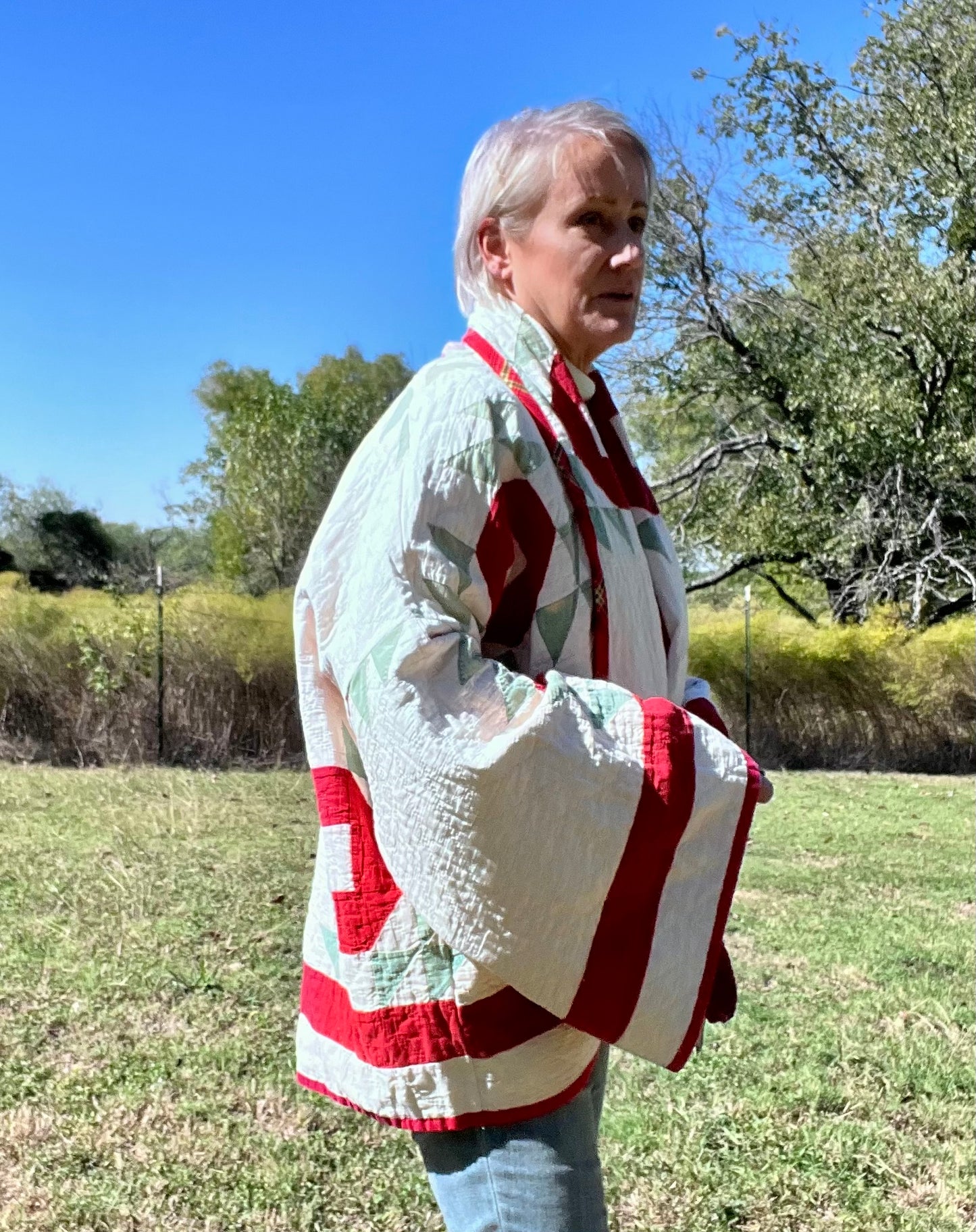 Antique Crown of Thorns or Flock of Geese Red, White Quilt Jacket Quilt Coat