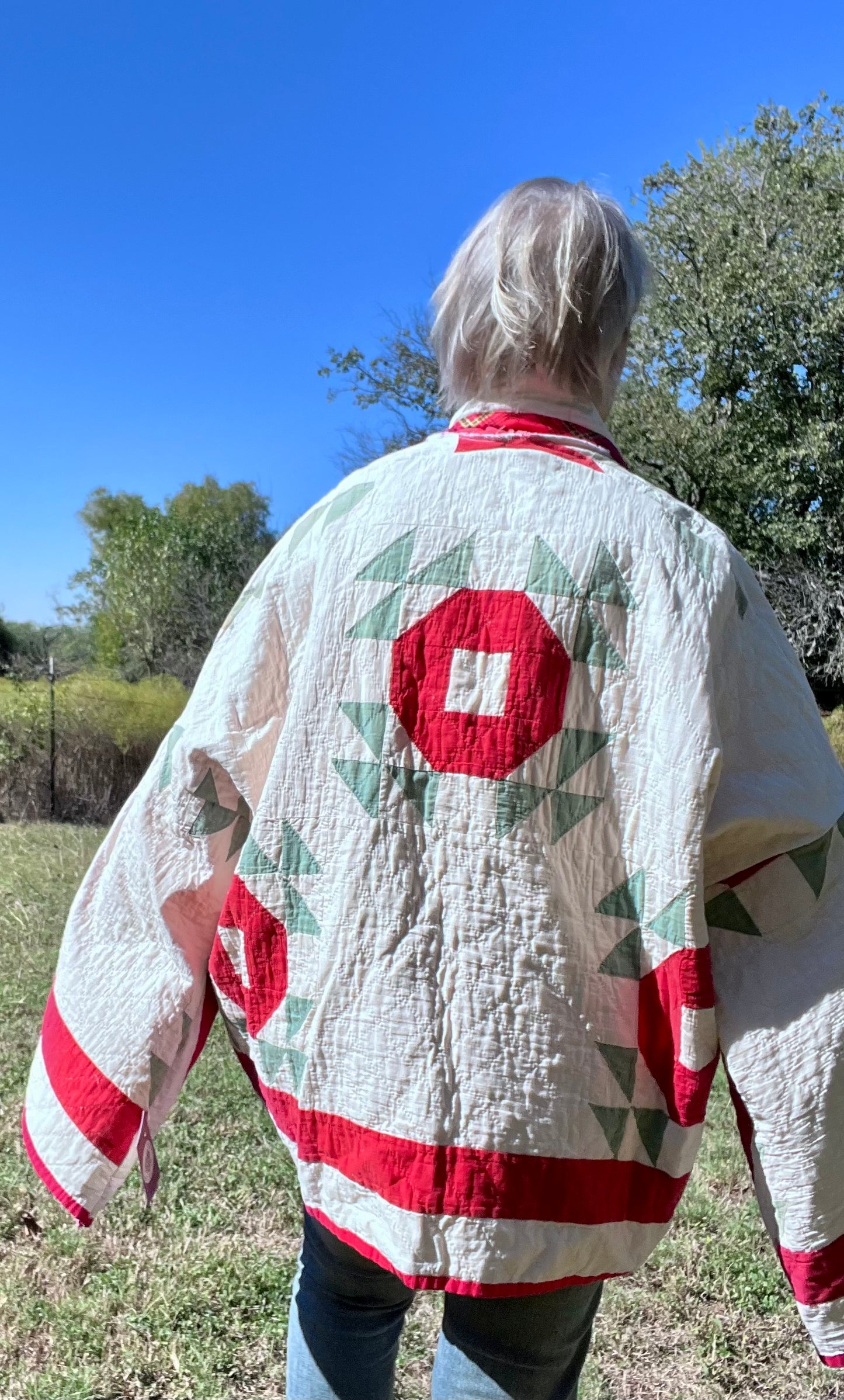 Antique Crown of Thorns or Flock of Geese Red, White Quilt Jacket Quilt Coat