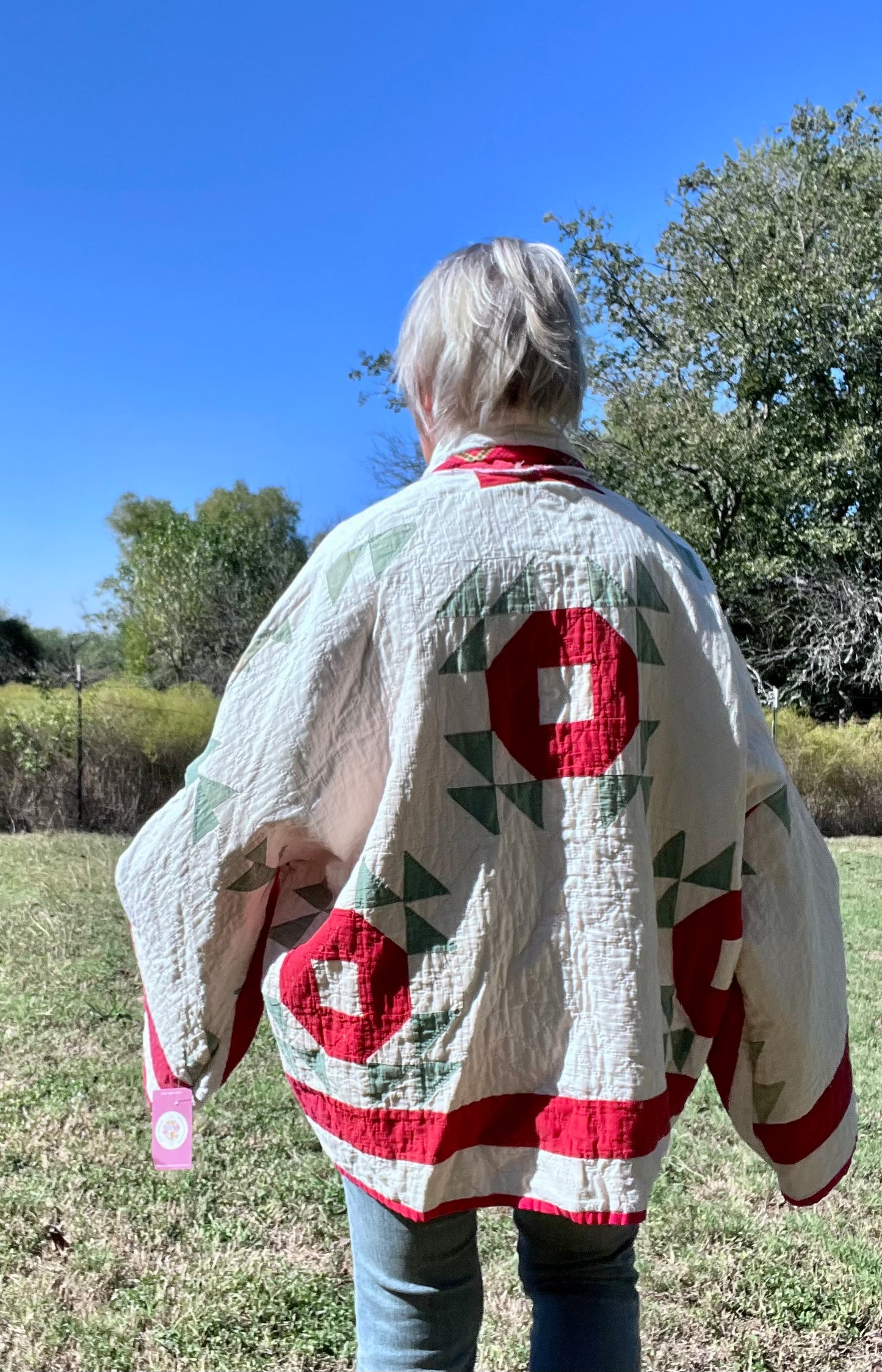 Antique Crown of Thorns or Flock of Geese Red, White Quilt Jacket Quilt Coat
