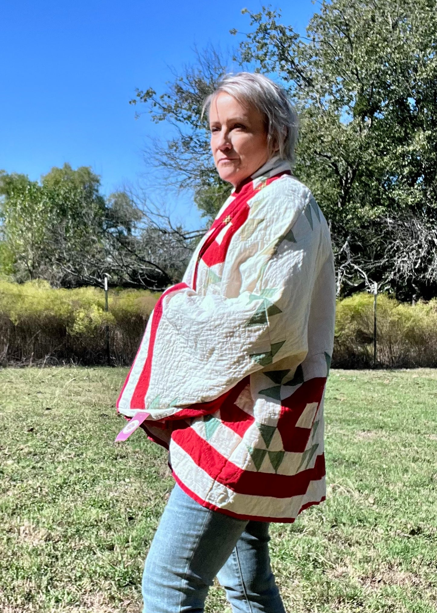 Antique Crown of Thorns or Flock of Geese Red, White Quilt Jacket Quilt Coat