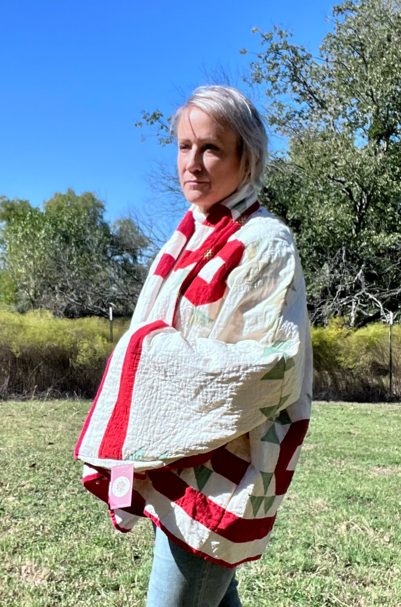 Antique Crown of Thorns or Flock of Geese Red, White Quilt Jacket Quilt Coat