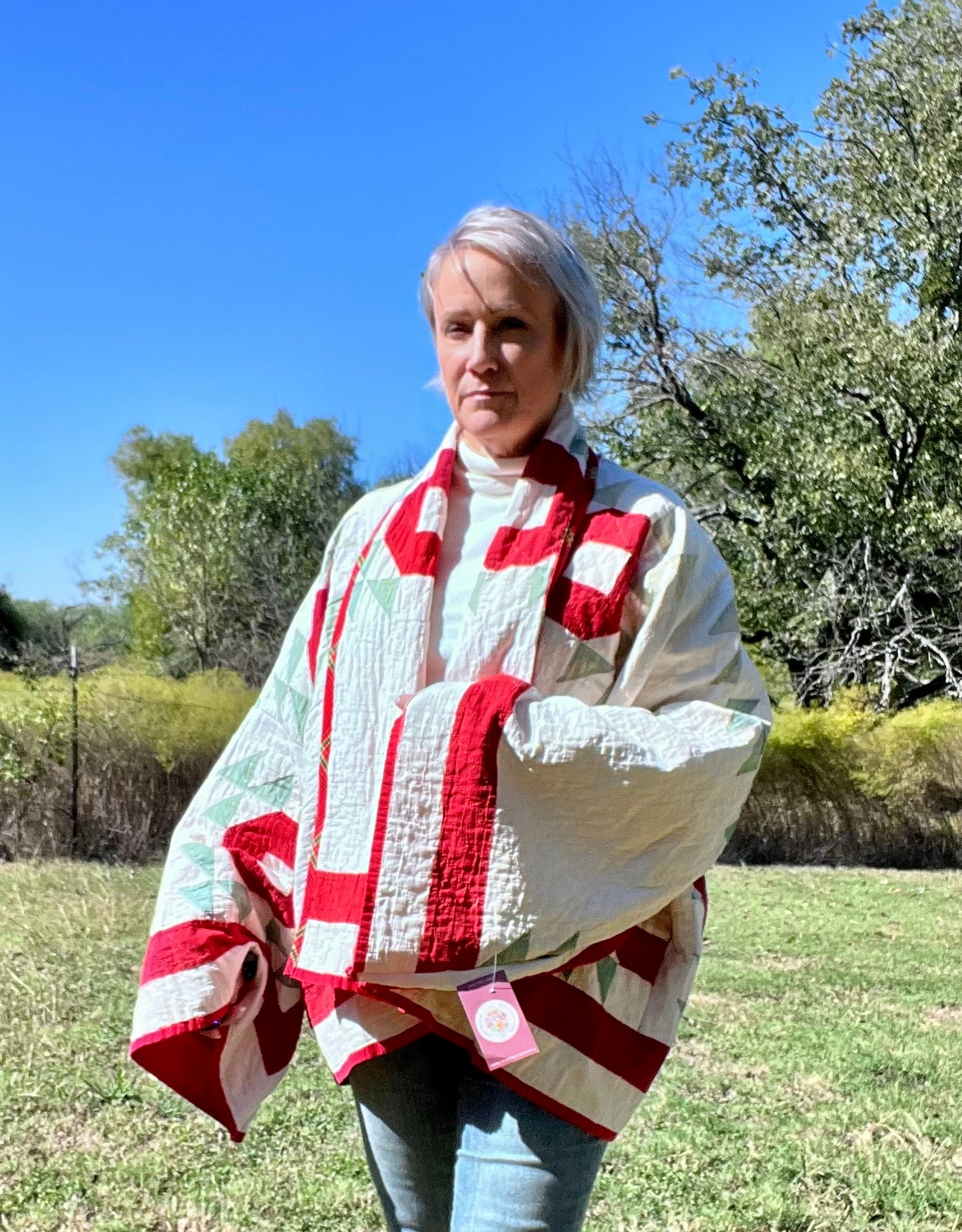 Antique Crown of Thorns or Flock of Geese Red, White Quilt Jacket Quilt Coat