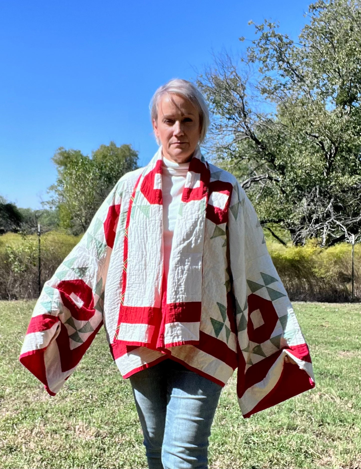 Antique Crown of Thorns or Flock of Geese Red, White Quilt Jacket Quilt Coat