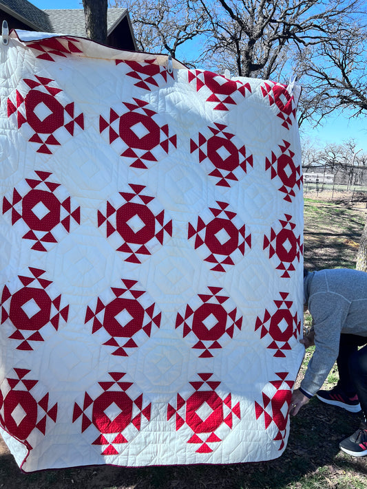 Crown of Thorns or Geese in the Pond Vintage Antique Red & White Quilt