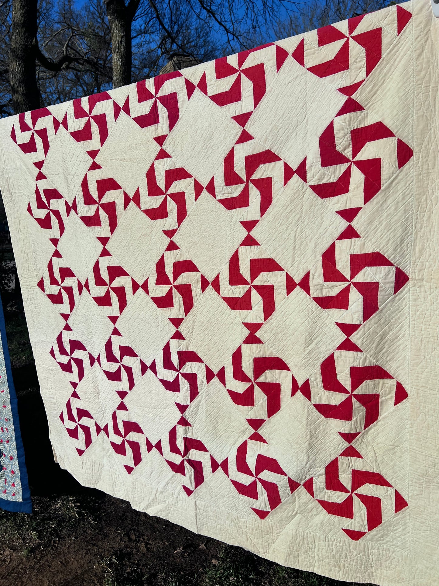 Classic Antique Red & White Pinwheel Quilt with Intricate Tiny Hand Quilting