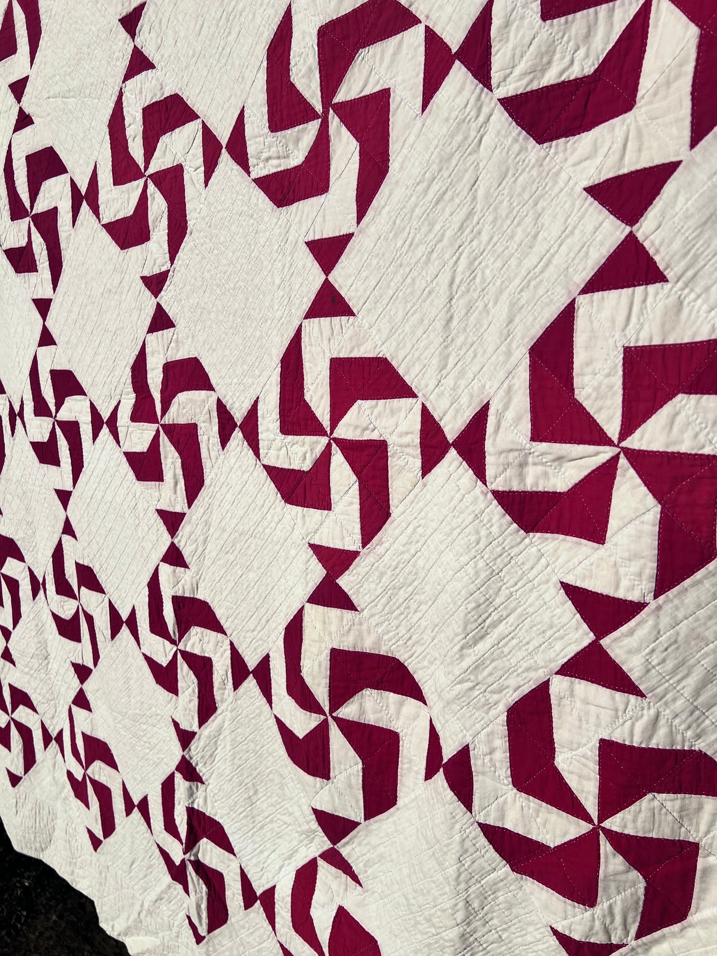 Classic Antique Red & White Pinwheel Quilt with Intricate Tiny Hand Quilting