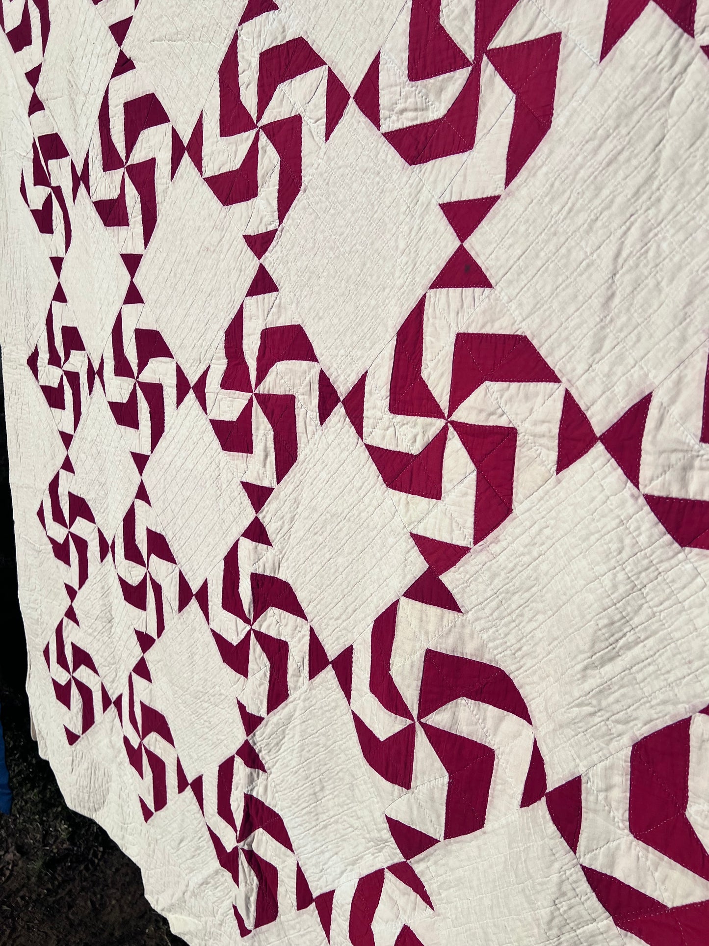 Classic Antique Red & White Pinwheel Quilt with Intricate Tiny Hand Quilting