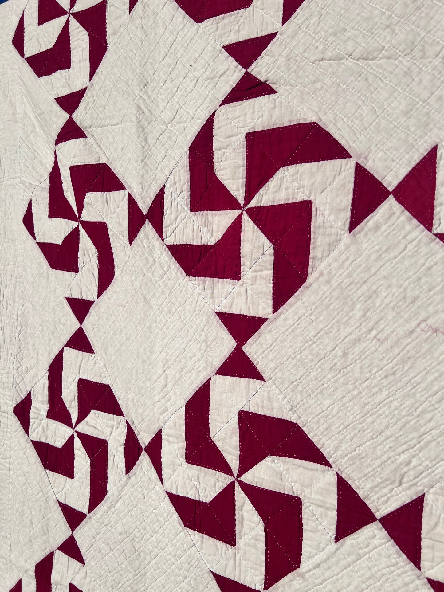 Classic Antique Red & White Pinwheel Quilt with Intricate Tiny Hand Quilting