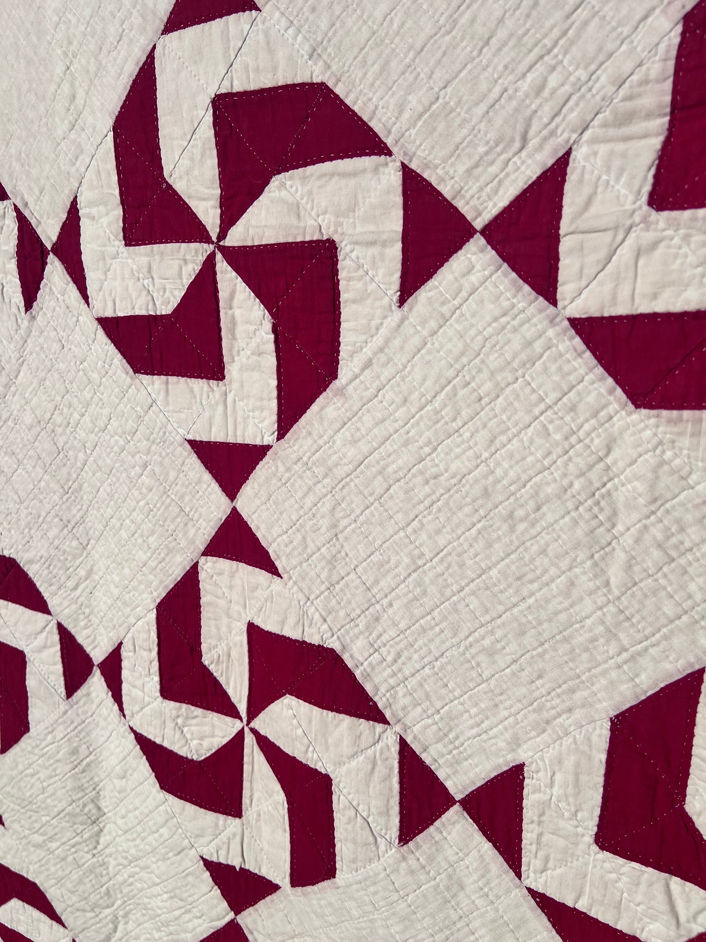 Classic Antique Red & White Pinwheel Quilt with Intricate Tiny Hand Quilting