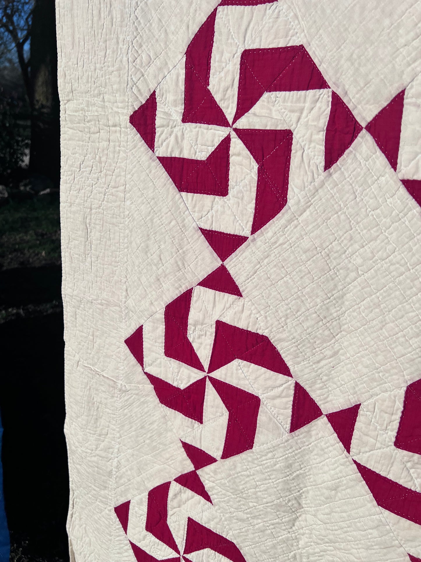 Classic Antique Red & White Pinwheel Quilt with Intricate Tiny Hand Quilting