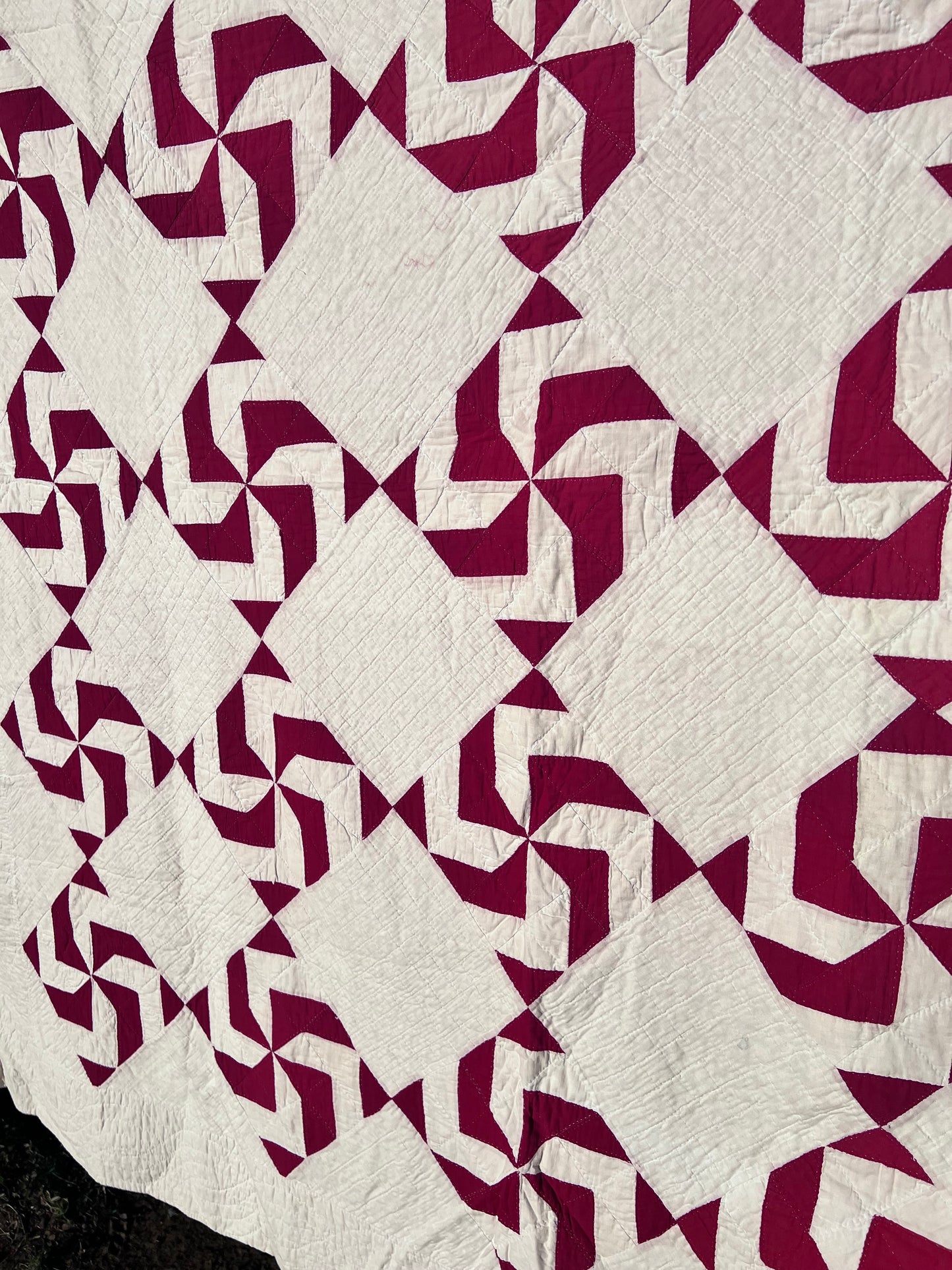 Classic Antique Red & White Pinwheel Quilt with Intricate Tiny Hand Quilting