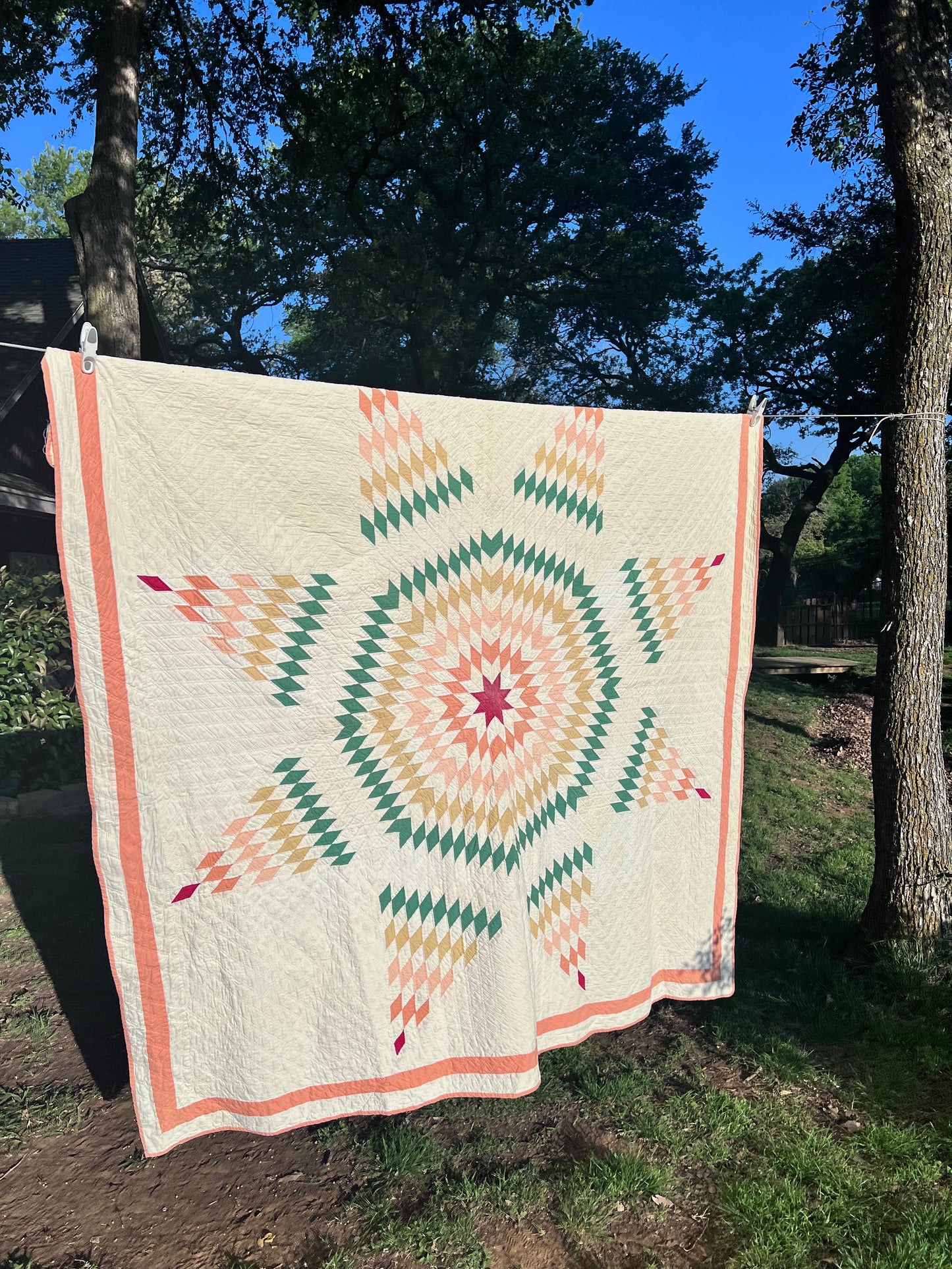 The Peach Lone Star Vintage Antique Quilt